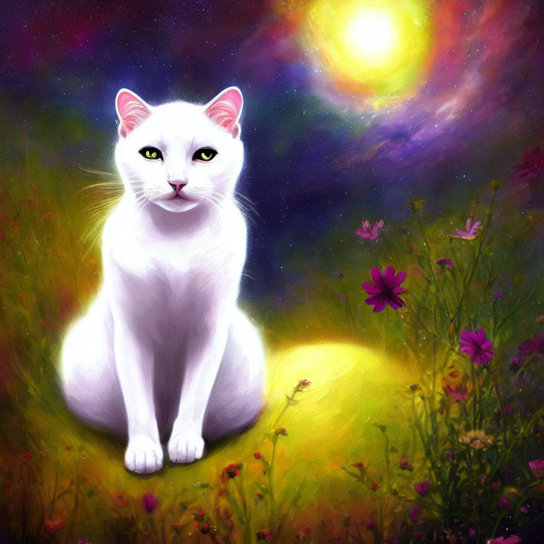 White Cat with Glowing Eyes in Vibrant Meadow under Colorful Sky