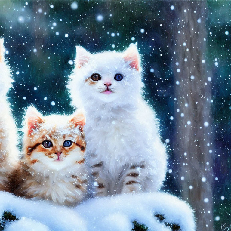 Adorable fluffy kittens with bright blue eyes in snowfall