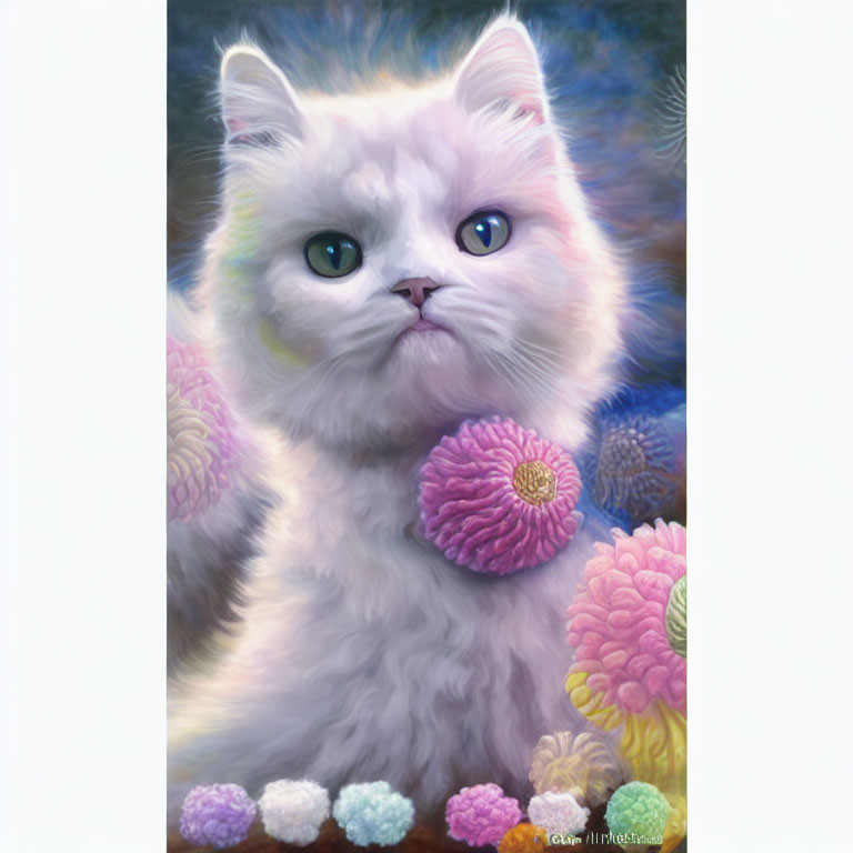 White Cat with Multicolored Eyes Among Pink and Purple Flowers