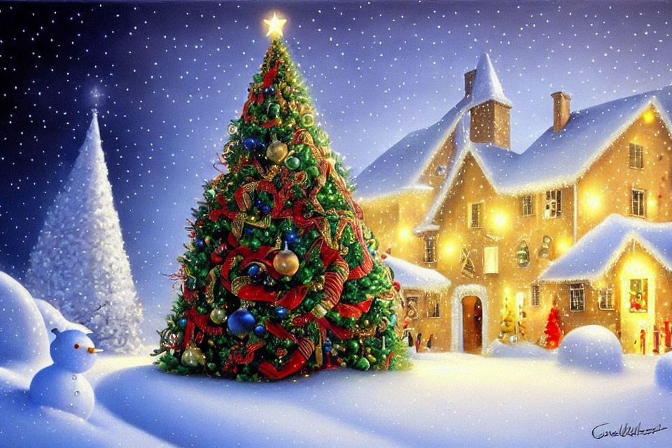 Snow-covered house with Christmas tree, snowman, and falling snowflakes