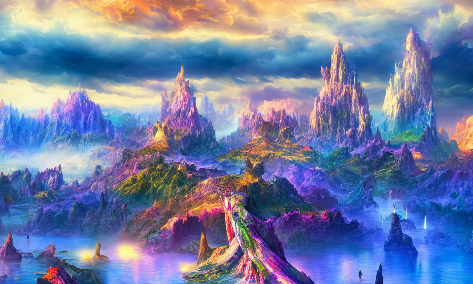 Colorful Fantasy Landscape: Purple Mountains, Green Valley, Reflective Waters
