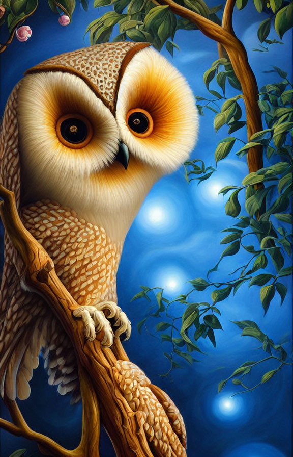 Stylized illustration of cute owl on branch with expressive eyes