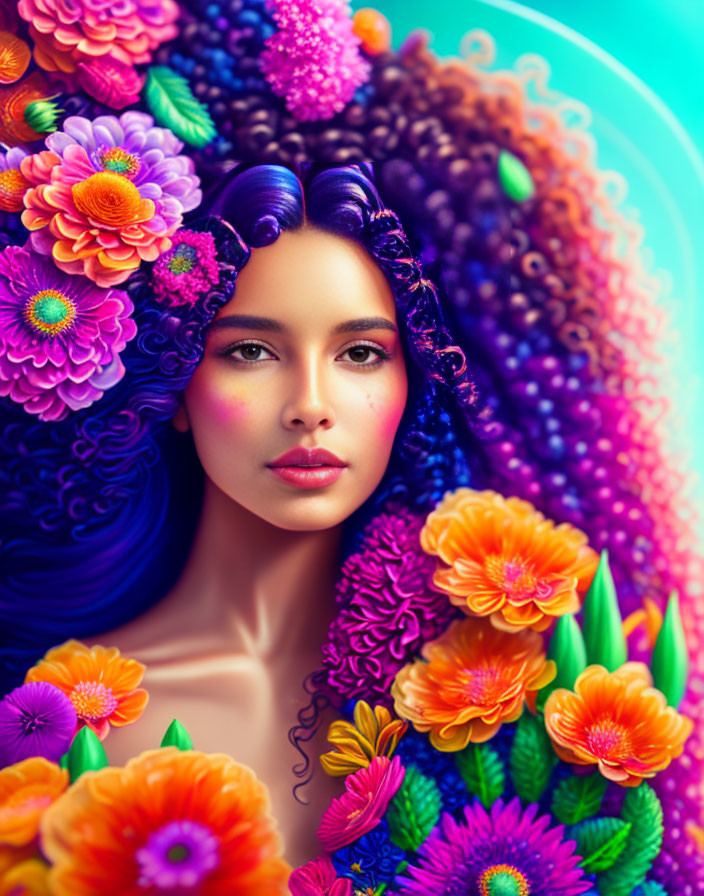 Colorful flower-adorned woman portrait on blue gradient background