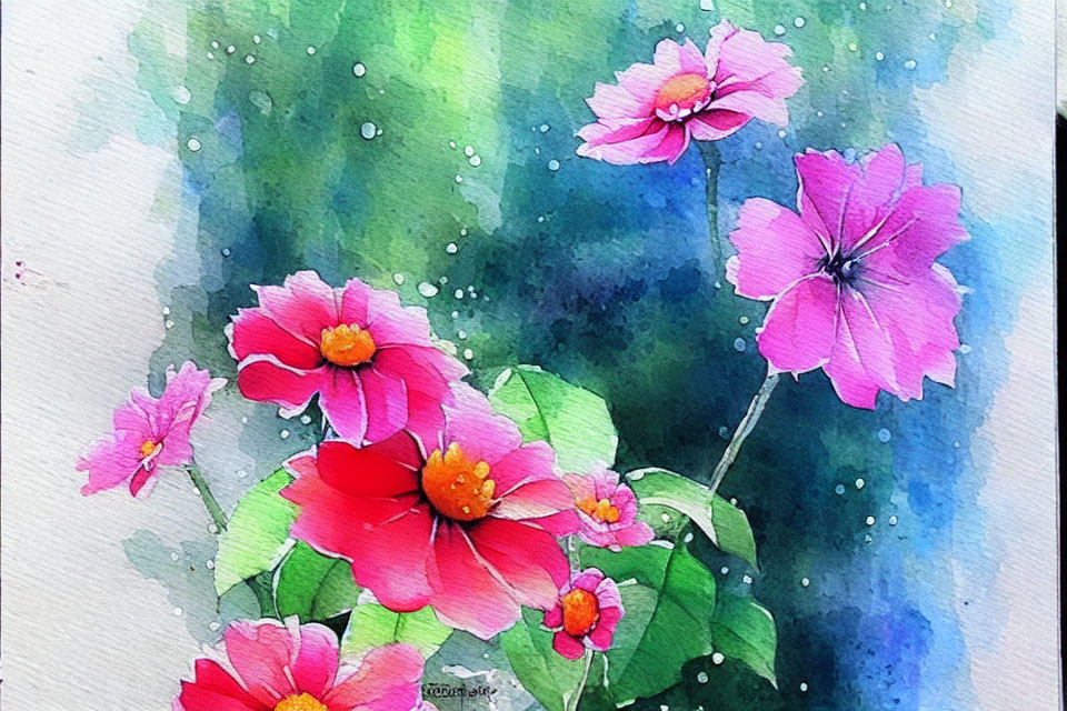 Colorful watercolor painting of pink and red flowers on textured blue background