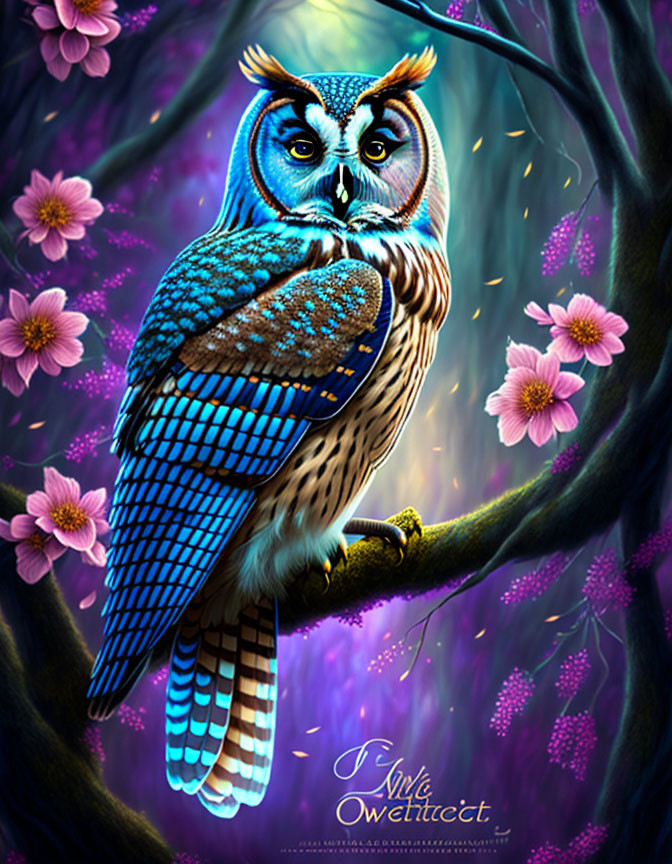Colorful Owl Perched on Branch with Blue Feathers and Pink Blossoms in Mystical Forest