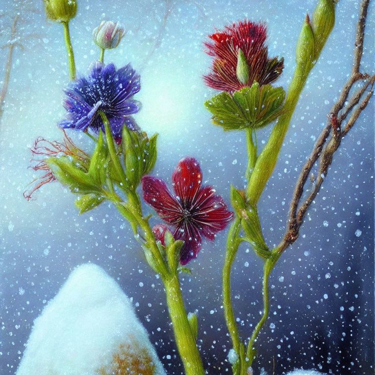 Vibrant flowers and plants with frost and snowflakes on blue backdrop
