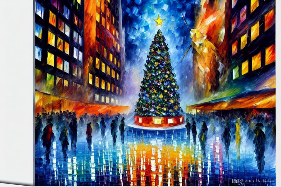 Vibrant Christmas Tree Painting in City Square at Night