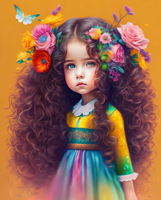 Digital artwork: Young girl with curly brown hair, flowers, colorful dress, soulful gaze, and