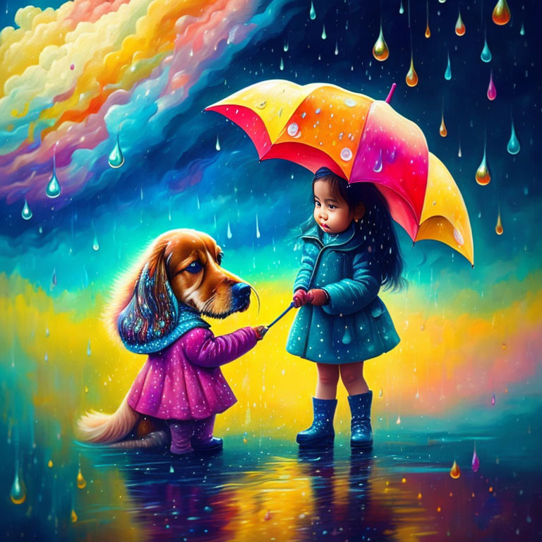 Young girl with colorful umbrella and dog under rainbow-tinted rain
