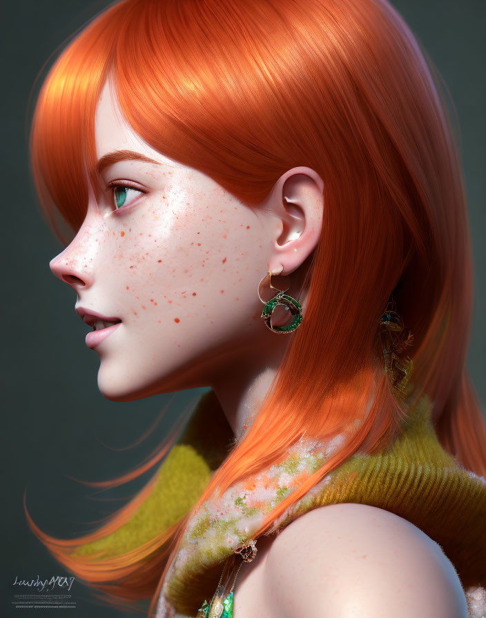 Vibrant digital portrait of woman with orange hair and freckles