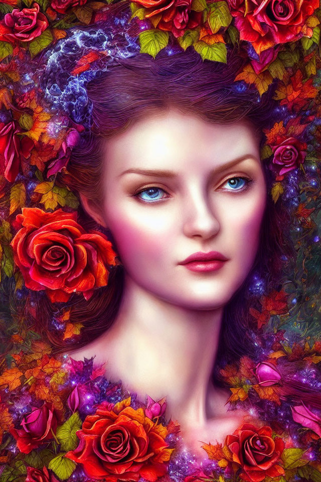 Detailed portrait of a woman with blue eyes in a floral setting