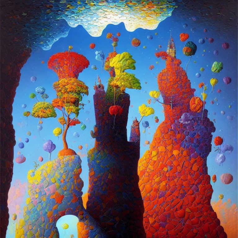 Vibrant surrealist painting of floating islands and whimsical trees under a blue sky