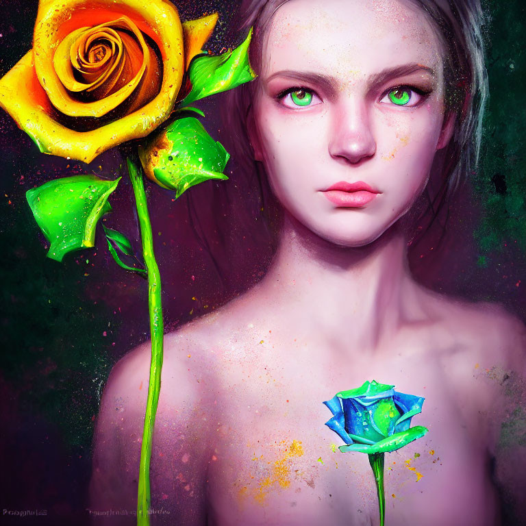 Digital Art: Person with Green Eyes and Colorful Painted Roses on Dark Background