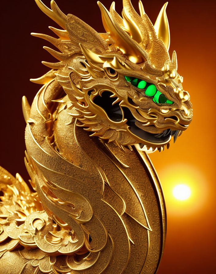 Intricate golden dragon sculpture with green eyes on warm background