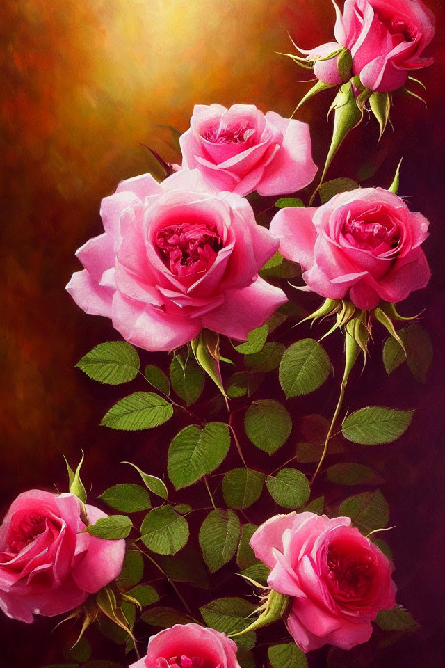 Pink Roses Cluster with Green Leaves on Soft-focus Background
