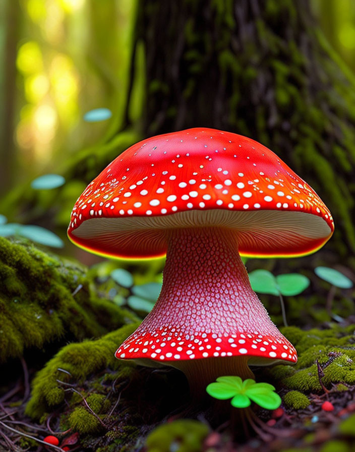 Red Mushroom with White Spots in Green Forest Environment