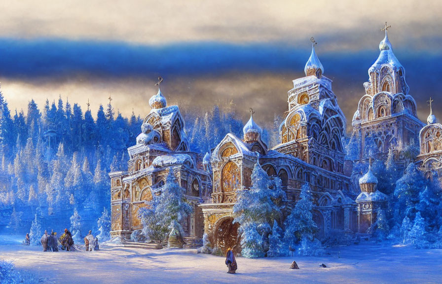Ornate churches in snow-covered winter forest with mystical sky