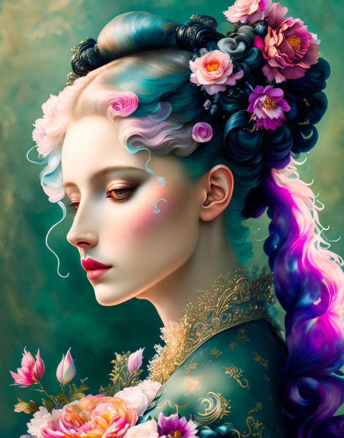 Pastel-Colored Hair Woman Artwork with Floral Details