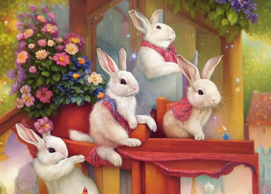 Anthropomorphic rabbits in scarves at wooden fence with vibrant flowers