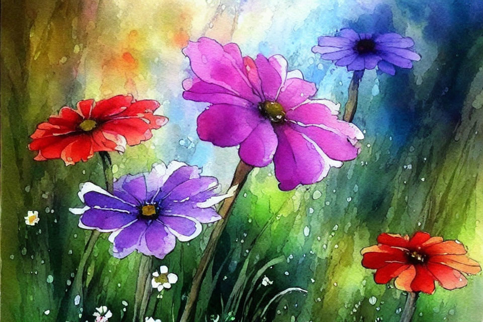 Colorful Watercolor Painting of Vibrant Flowers on Green Background