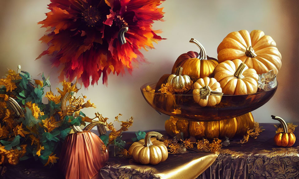 Vibrant autumnal display with pumpkins, fall flowers, and foliage