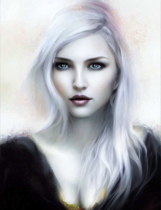 Pale-skinned woman with blue eyes and white hair in digital portrait.