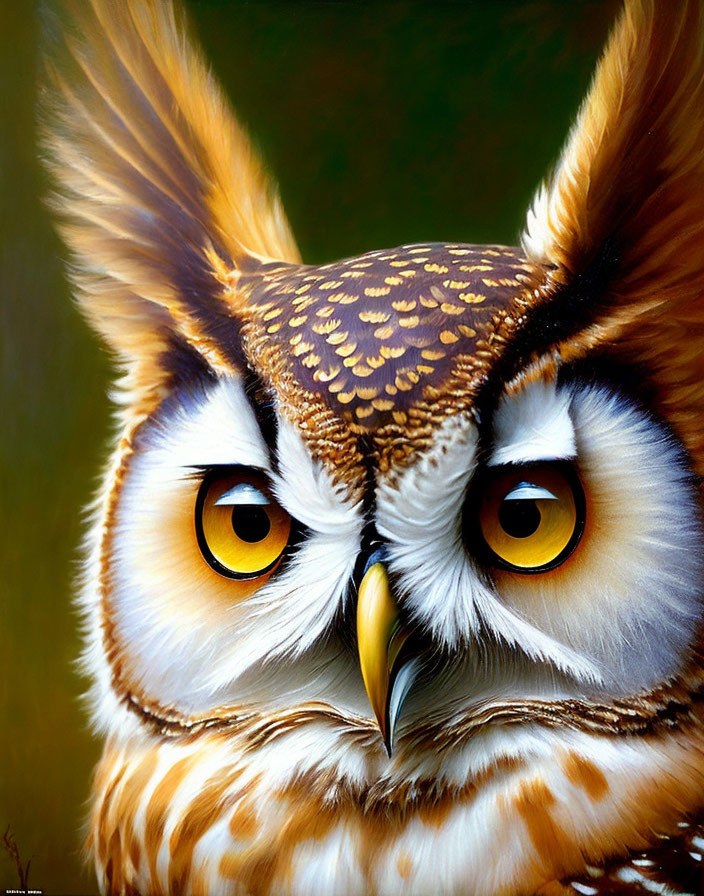 Detailed Close-Up of Owl with Striking Yellow Eyes and Prominent Ear Tufts