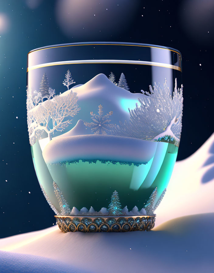 Glass Winter Landscape Scene with Snowy Hills and Trees