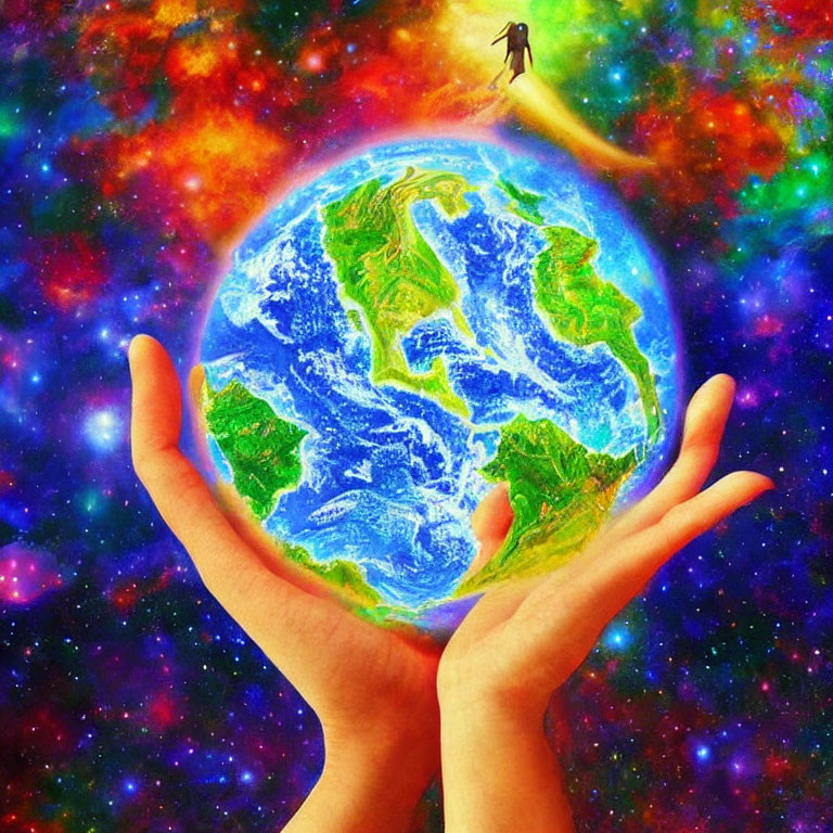 Hands cradle Earth in cosmic scene of protection