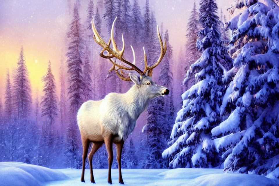 Majestic stag with large antlers in snowy forest at twilight