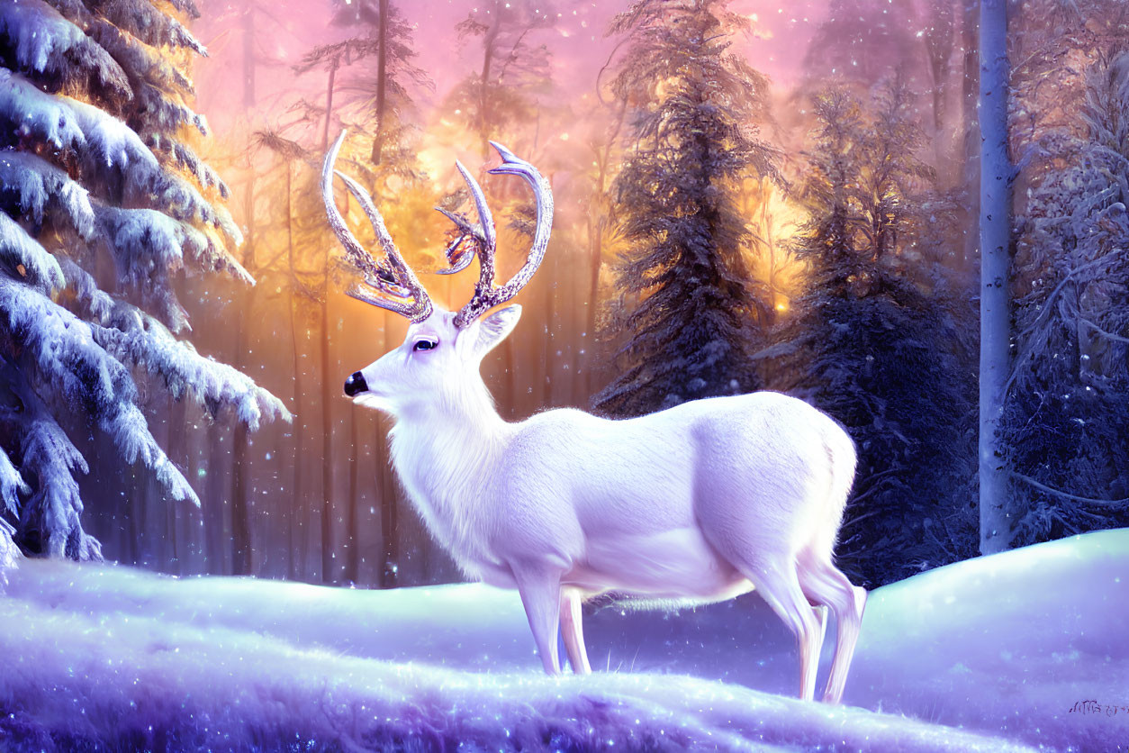 White stag in snowy forest with pink and blue light and falling snowflakes