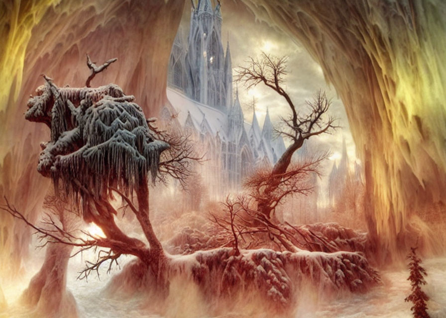 Wintry forest, frozen waterfall, and Gothic cathedral in golden-hued fantasy landscape