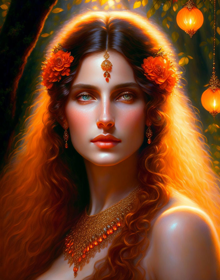 Portrait of woman with red hair, orange flowers, gold jewelry, under warm lights in lush setting