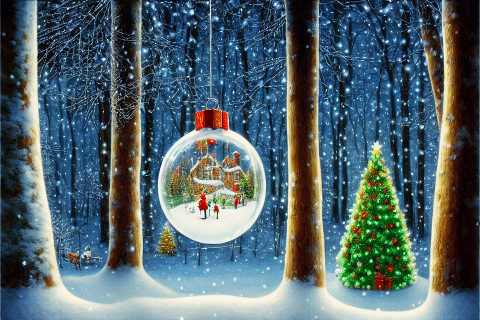 Detailed Snowy Forest Christmas Ornament Scene with Festive House and Tree