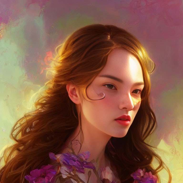 Digital Painting: Woman with Wavy Hair and Purple Flowers in Pastel Background