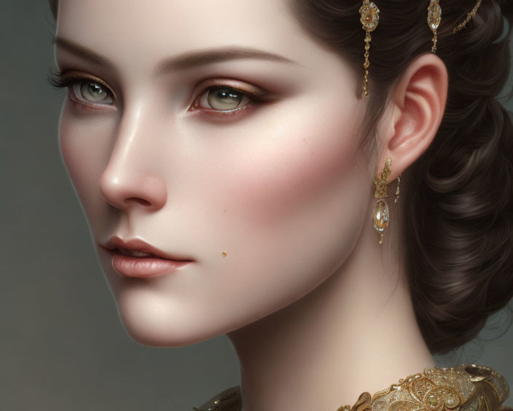 Detailed Digital Portrait of Woman with Golden Jewelry & Styled Hair