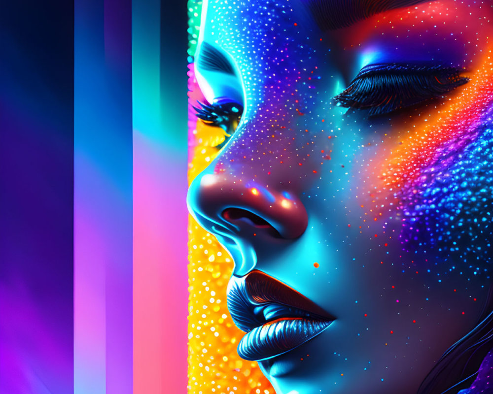 Colorful digital portrait of a woman with neon hues and dotted textures