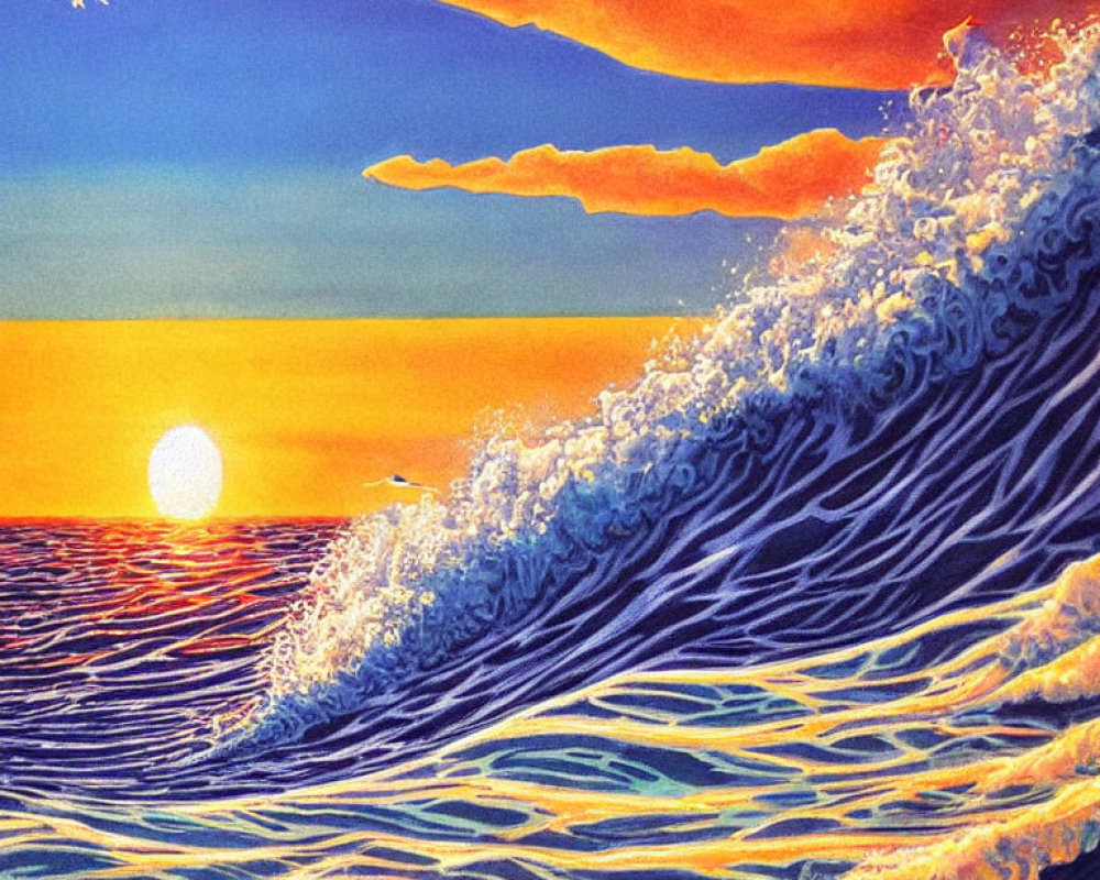 Scenic painting of large wave under sunset sky