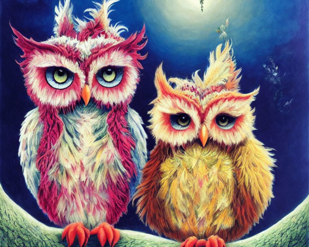 Colorful Cartoon Owls Perched on Branch Under Moonlit Sky