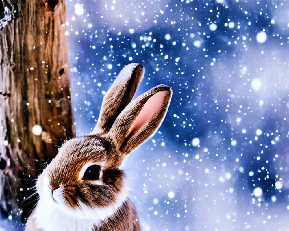 Brown and White Rabbit Sitting in Snowy Landscape