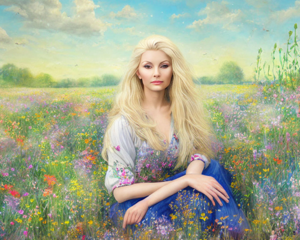 Blond woman in colorful meadow under blue sky