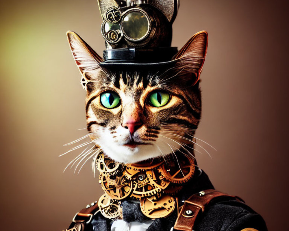 Steampunk-themed digital art of a cat with green eyes in unique attire