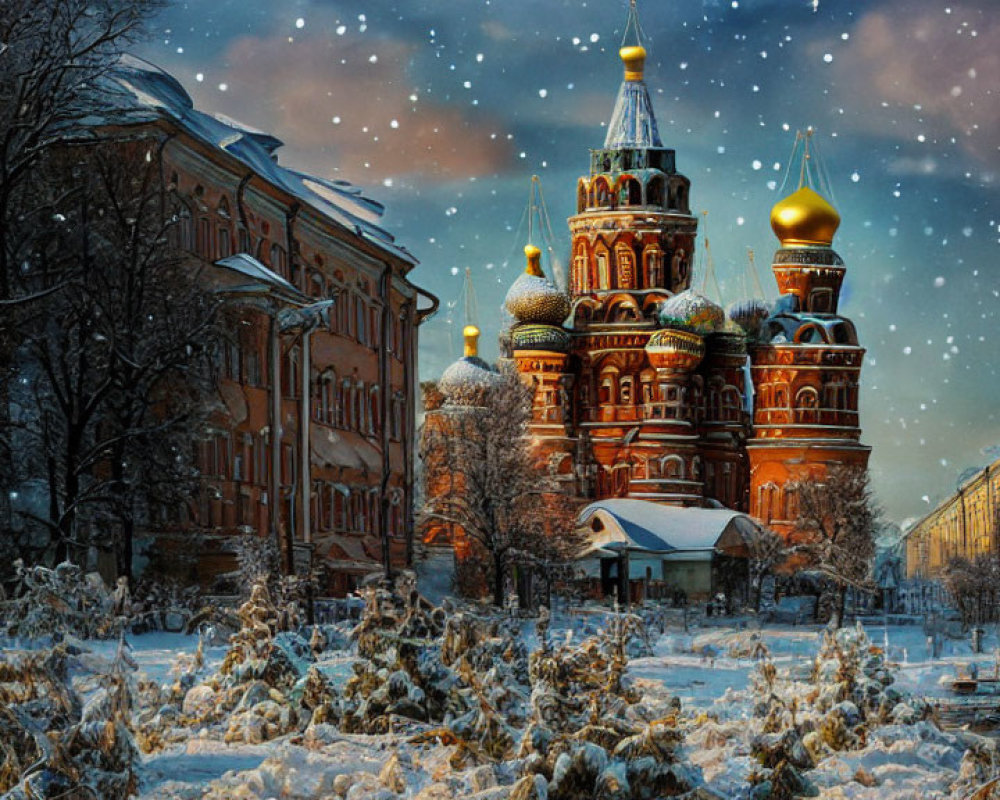 Traditional Russian church with onion domes in snow-covered street at twilight