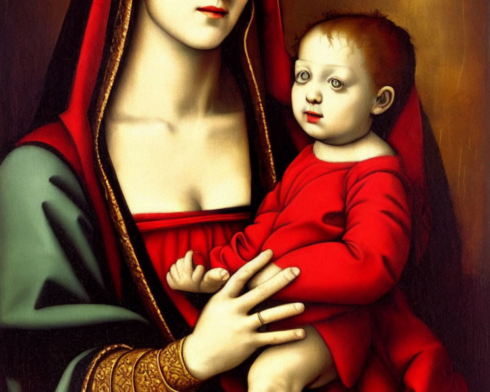 Classical style painting of woman in red head covering holding baby in red outfit