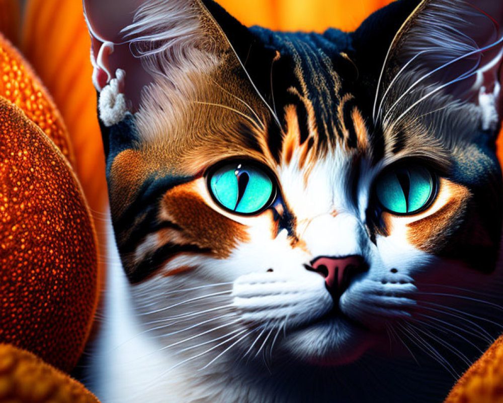 Vivid Turquoise-Eyed Cat on Bright Orange Abstract Background