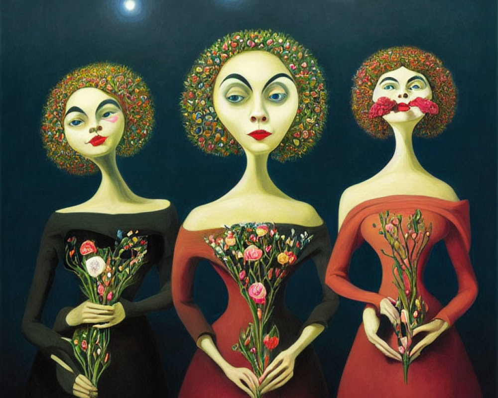 Surreal female figures with exaggerated eyes and rose bouquets on moonlit background