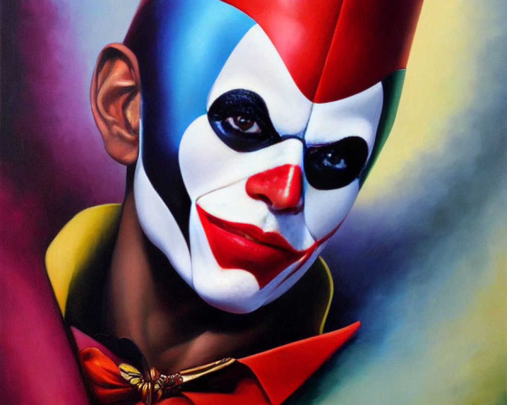 Colorful Painting of Jester-Like Figure with Red and Blue Makeup on Multicolored Background