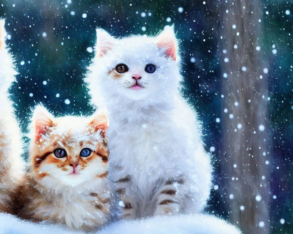 Adorable fluffy kittens with bright blue eyes in snowfall
