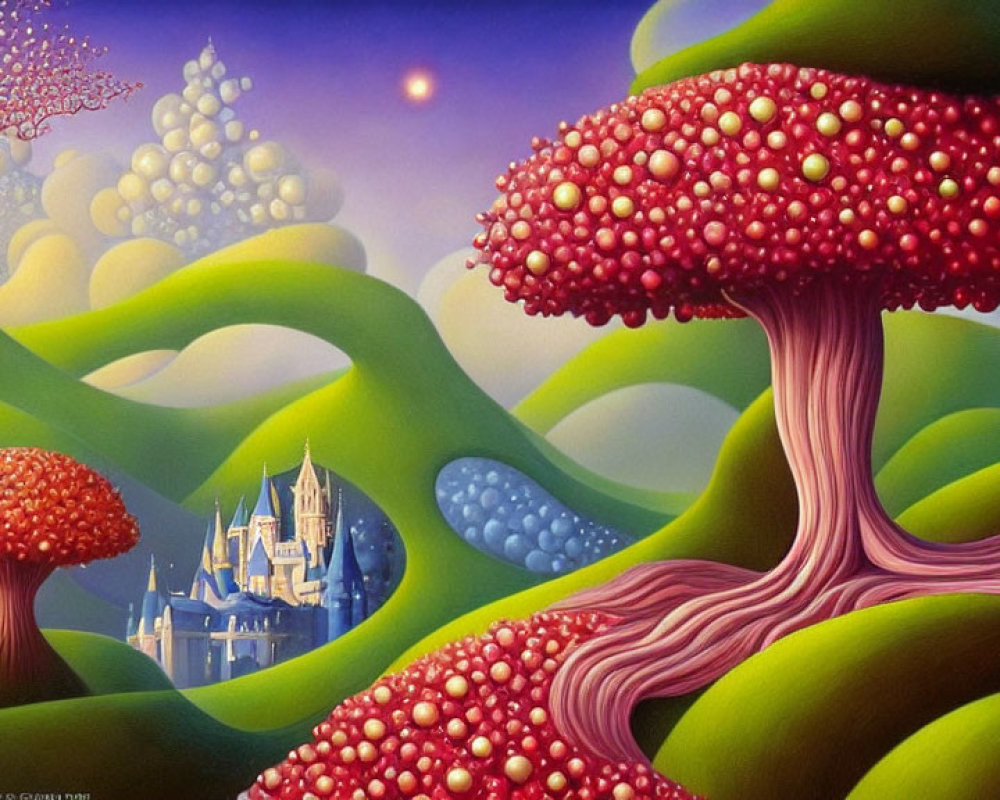 Colorful surreal landscape with mushroom trees and castle under purple sky