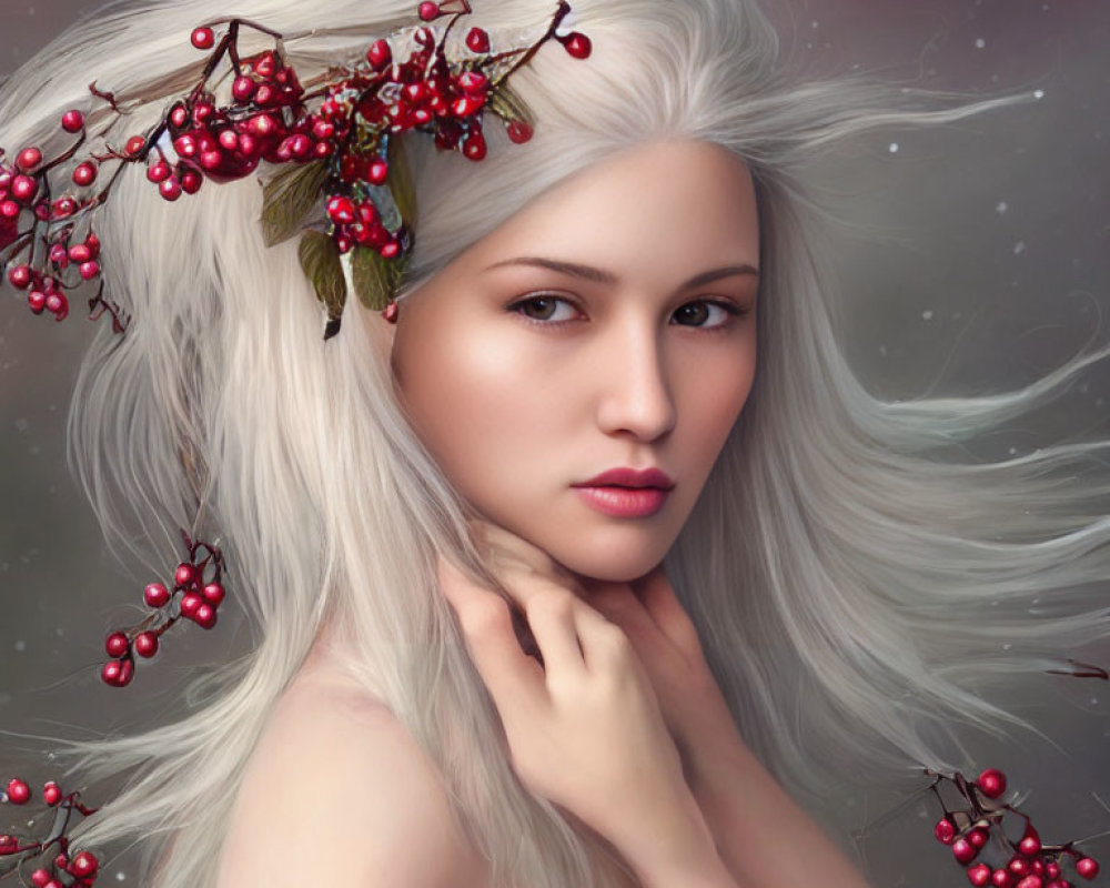 Digital artwork: Woman with white hair, red berries, green leaves on grey backdrop